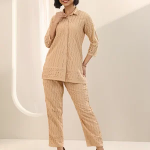 Beige Self Design Cotton Co-Ord Sets