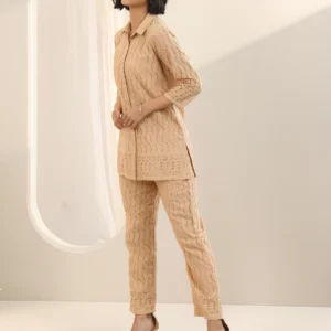 Beige Self Design Cotton Co-Ord Sets