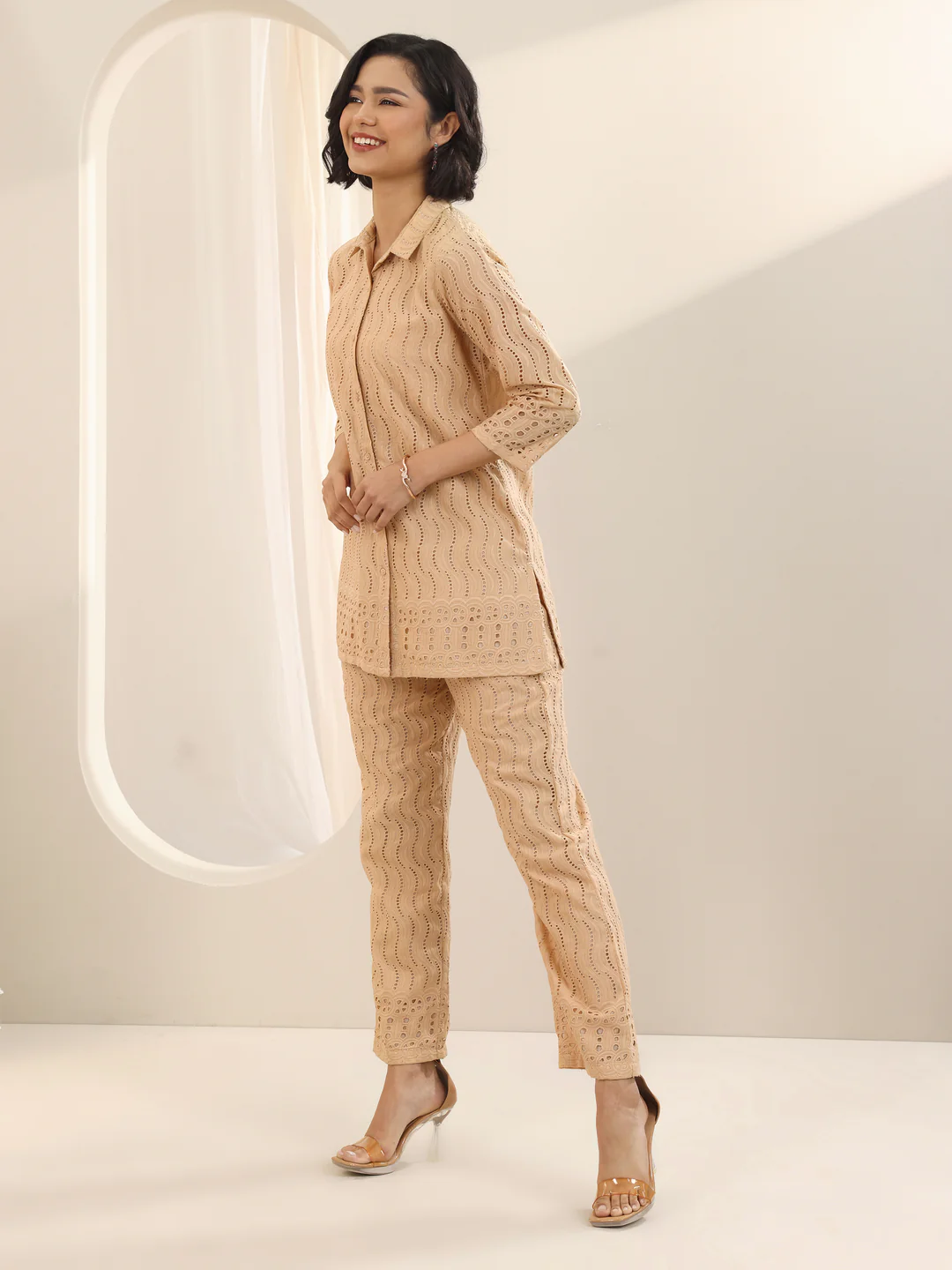 Beige Self Design Cotton Co-Ord Sets - Image 2