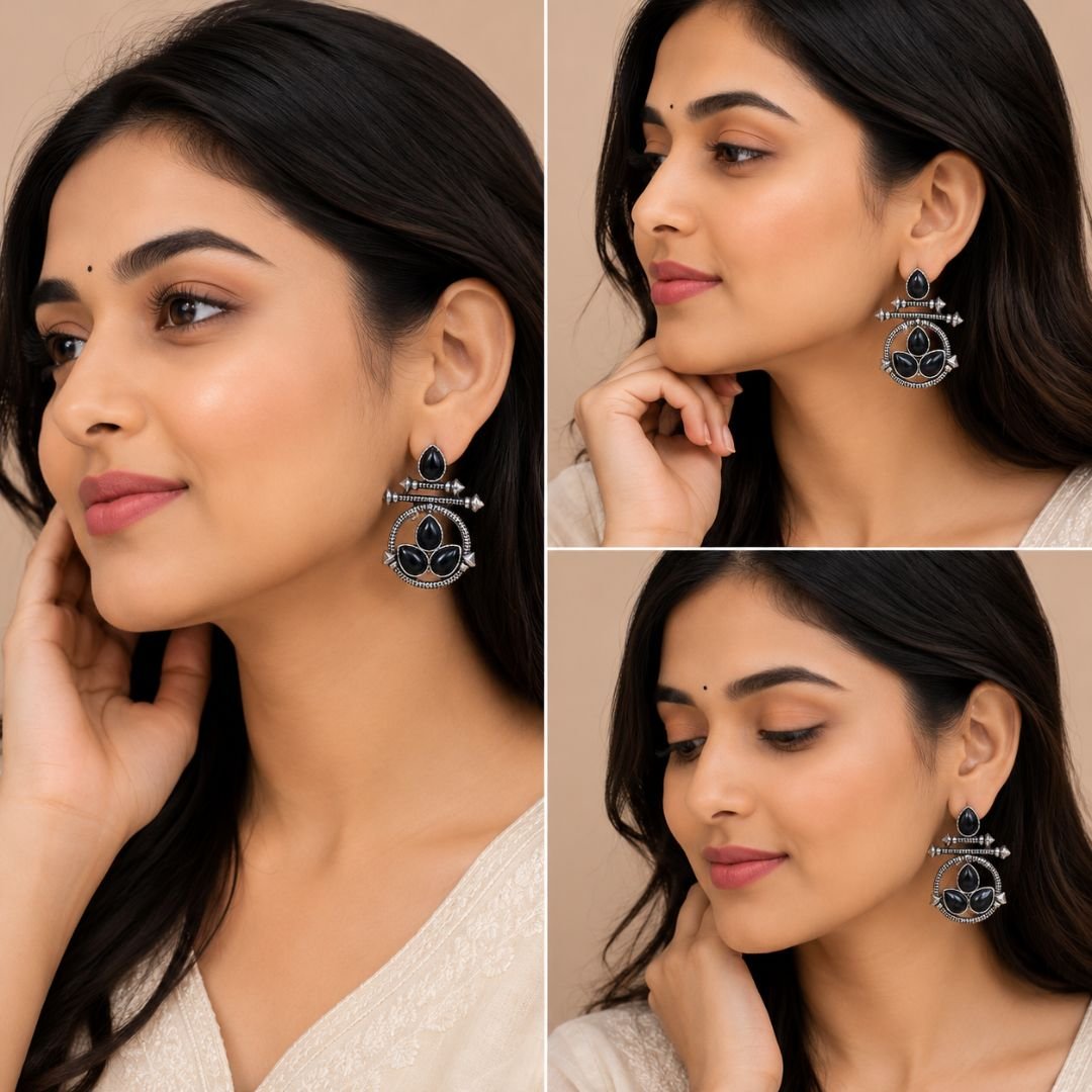 Oxidized Silver Black Stone Earrings