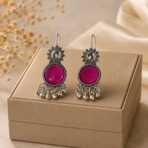 Oxidized Silver Peacock Pink Stone Earrings