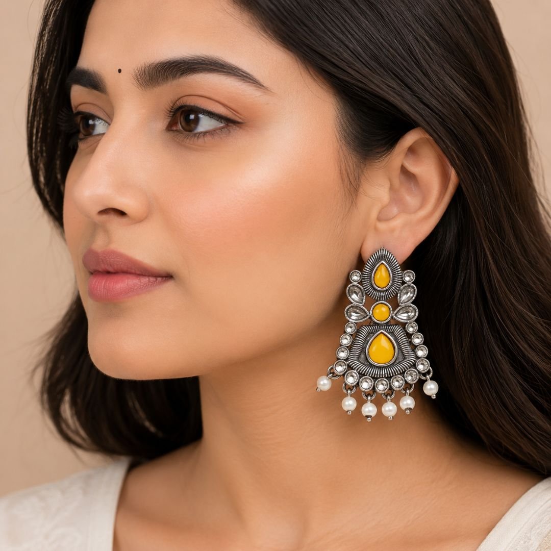 Oxidized Silver Yellow Stone Pearl Earrings