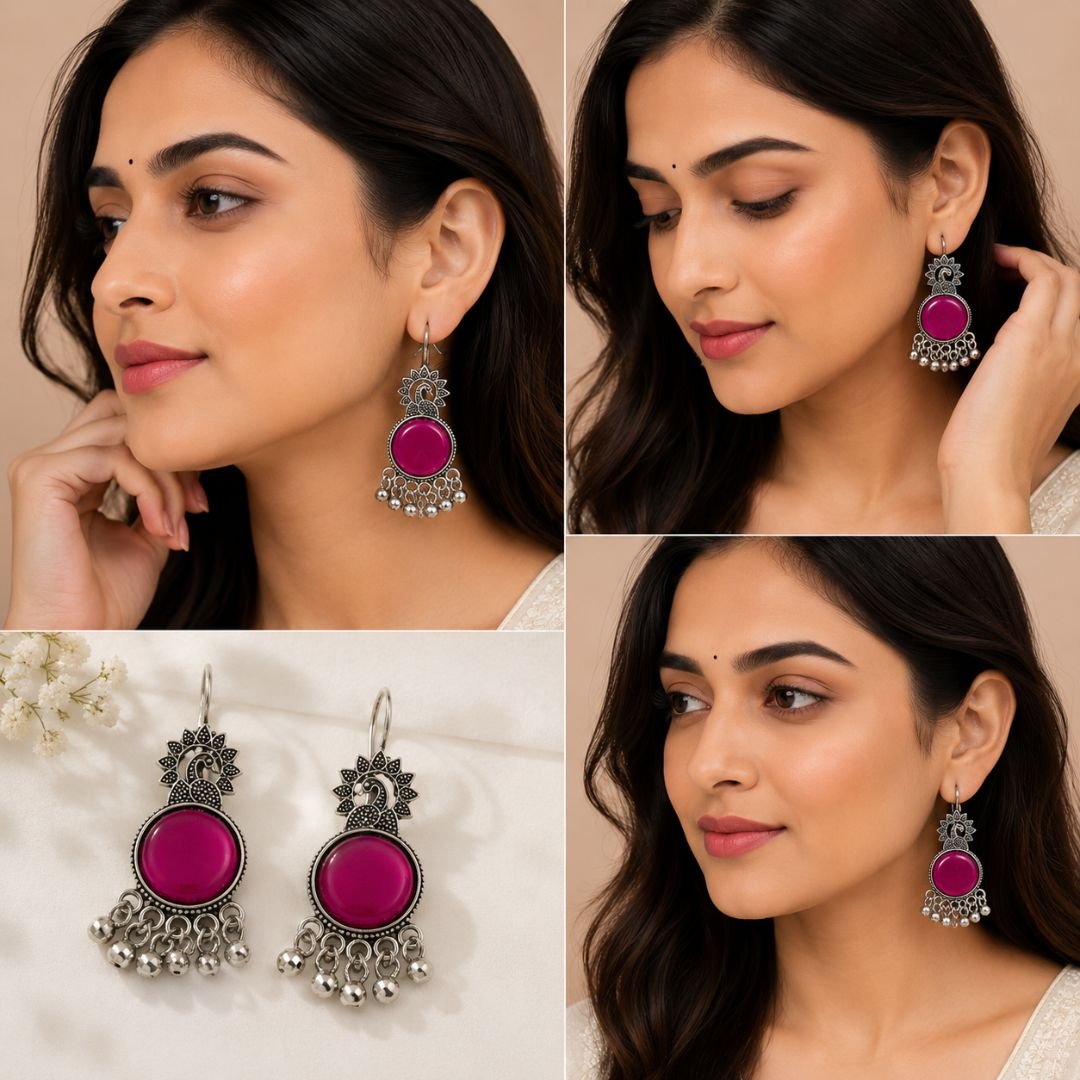 Oxidized Silver Peacock Pink Stone Earrings