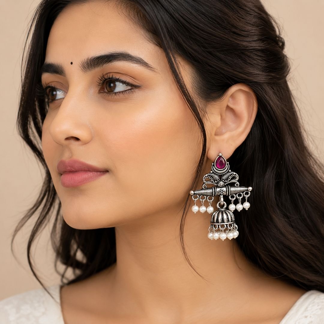 Oxidized Silver Pink Stone Jhumka Earrings
