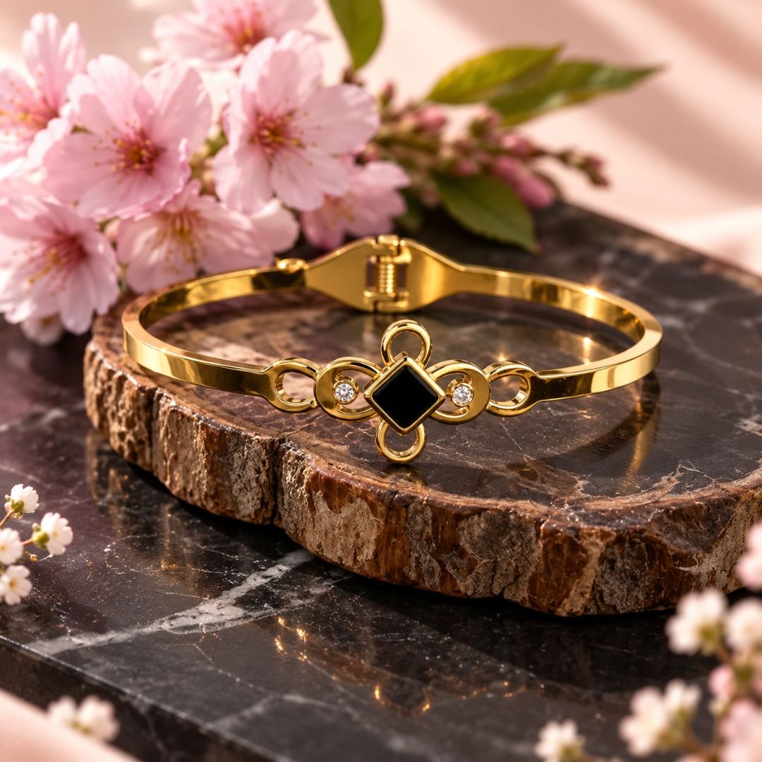 Black Stone Gold-Tone Floral Bracelet (3)
