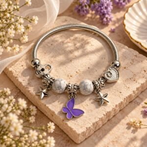 Purple Butterfly Marble Star Charm Bracelet