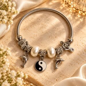 Pearl Yin Yang Dolphin Charm Bracelet