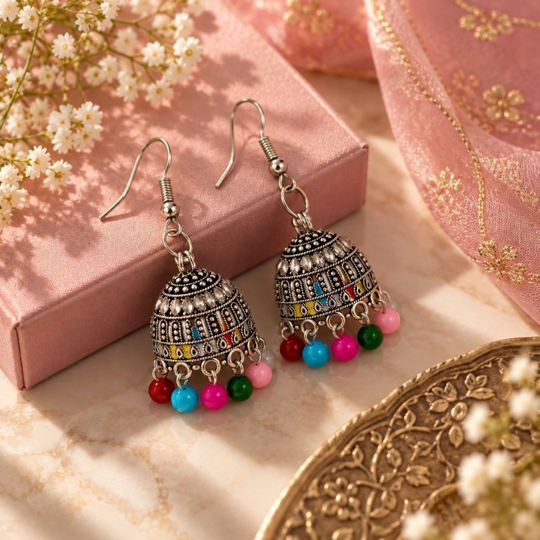 Multicolor Beaded Oxidized Jhumka Earrings