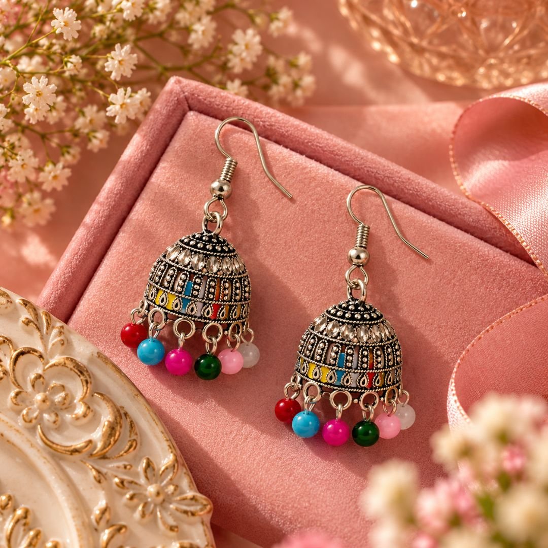 Multicolor Beaded Oxidized Jhumka Earrings